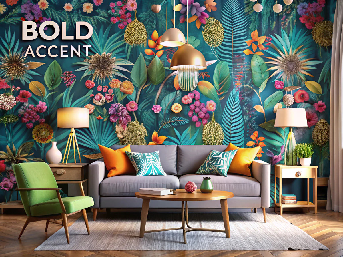 Bold wallpaper accent wall ideas showcasing vibrant patterns in a modern interior design.