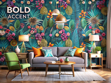 Bold wallpaper accent wall ideas showcasing vibrant patterns in a modern interior design.