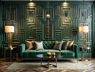 Elegant Art Deco living room with Maze Mirage wallpaper accent, emerald velvet sofa, gold geometric accents, and black marble flooring.