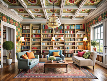 Innovative wallpaper decor ideas showcasing creative uses beyond walls, including wallpapered bookshelves and ceilings.