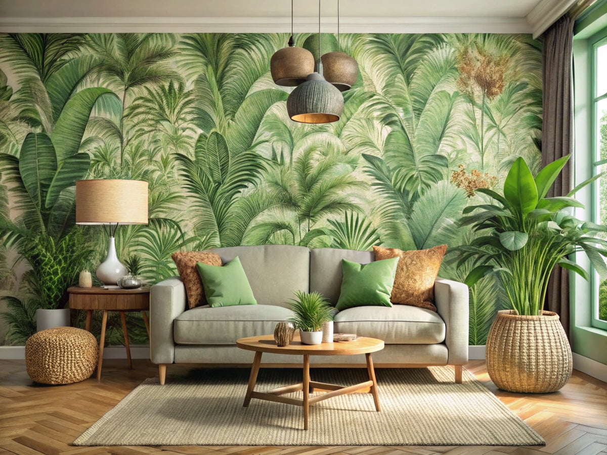 Modern living room with eco-friendly green and neutral botanical wallpaper and natural fiber textures.