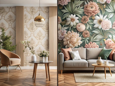 A room showcasing floral wallpaper on one side with intricate blooms in warm colors, and geometric wallpaper on the other side with clean lines and cool tones, illustrating the contrast between cozy and contemporary styles.
