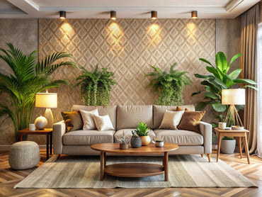 Cozy living room with textured wallpaper accent wall in warm neutrals and plush home decor