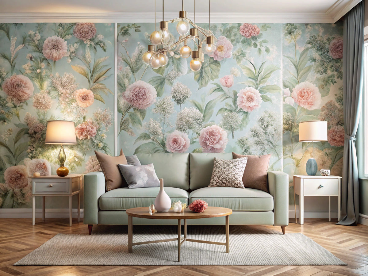 Modern living room with pastel floral and bold geometric wallpaper accent walls