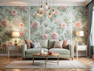 Modern living room with pastel floral and bold geometric wallpaper accent walls
