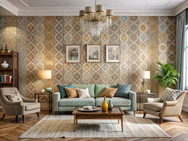 A stylish interior showcasing various textured wallpapers, including faux finishes, highlighting different patterns and textures in a well-decorated room.