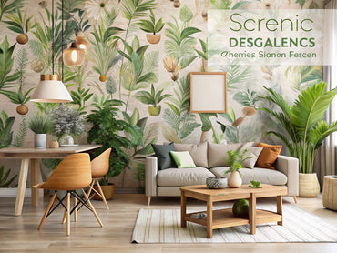 Eco-friendly wallpaper designs in a sustainable home decor setting, showcasing natural light and plants.