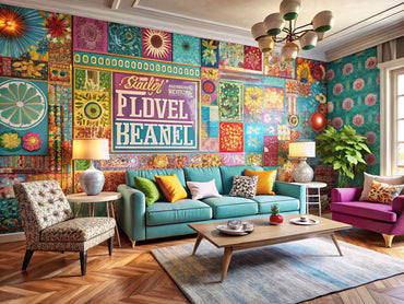 A cozy living room with personalized custom wallpaper, showcasing vibrant colors and unique patterns that reflect individuality and creativity.