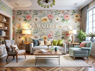 A beautifully decorated room showcasing various types of wallpaper including textured, geometric, floral, and vinyl designs, reflecting a harmonious and inviting atmosphere.