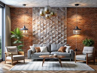 Modern living room with rustic brick, marble, and 3D geometric textured wallpaper showcasing depth and dimension