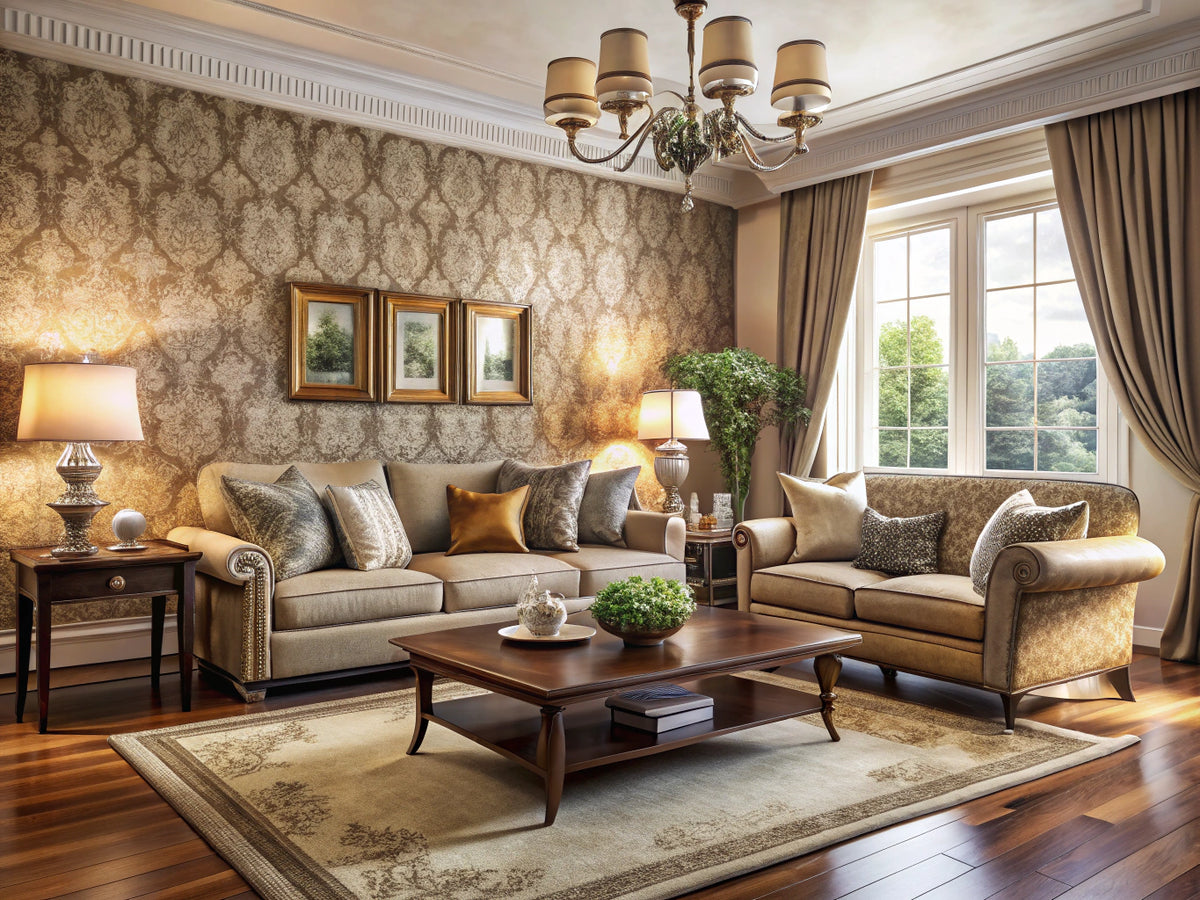 A cozy living room featuring various textured wallpapers, showcasing the tactile elegance and warmth of fabric, embossed, and natural materials.