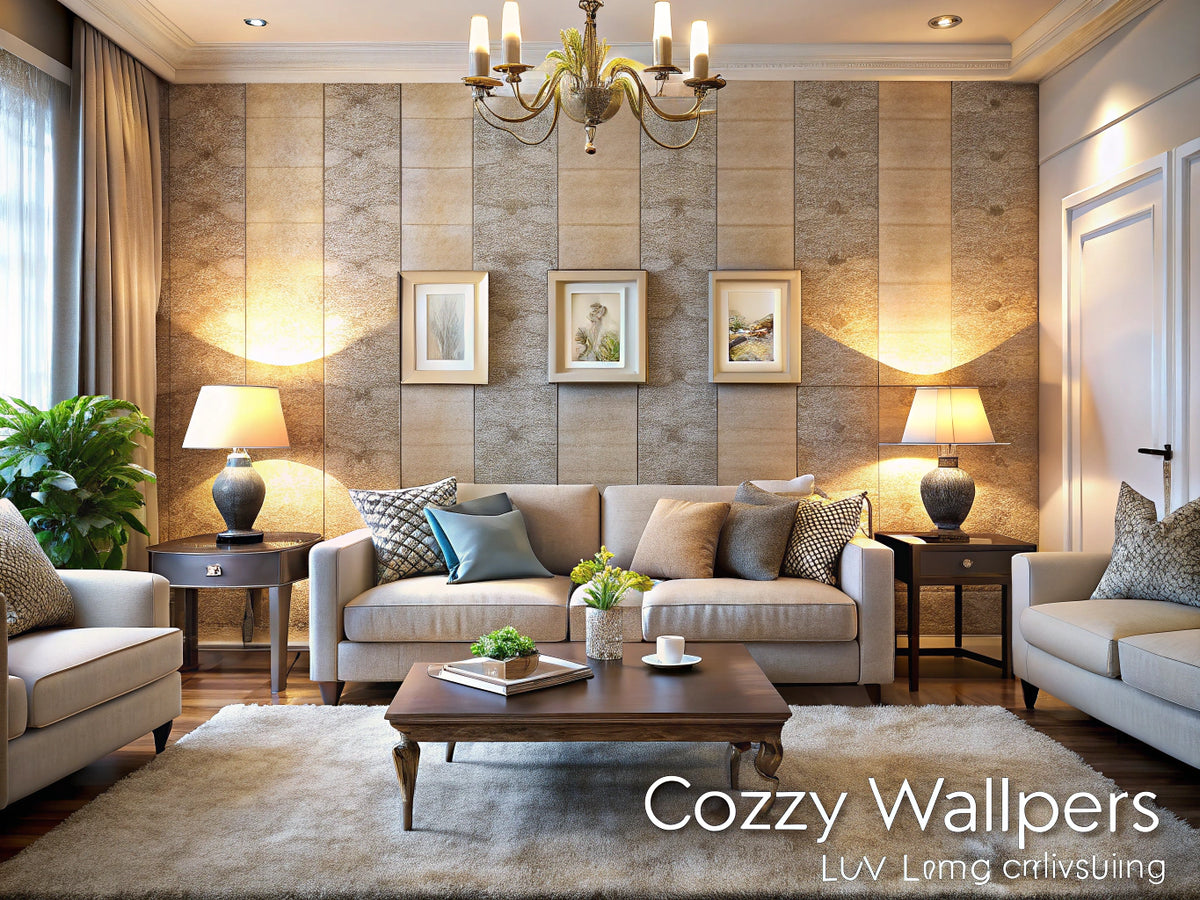 Cozy living room with textured wallpaper adding depth and warmth to the space.