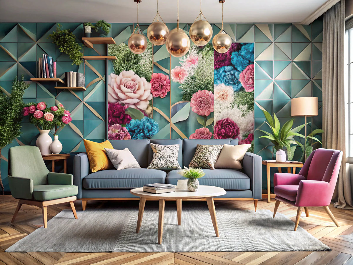 A modern living room showcasing a mix of floral and geometric wallpaper designs, highlighting bold colors and patterns.