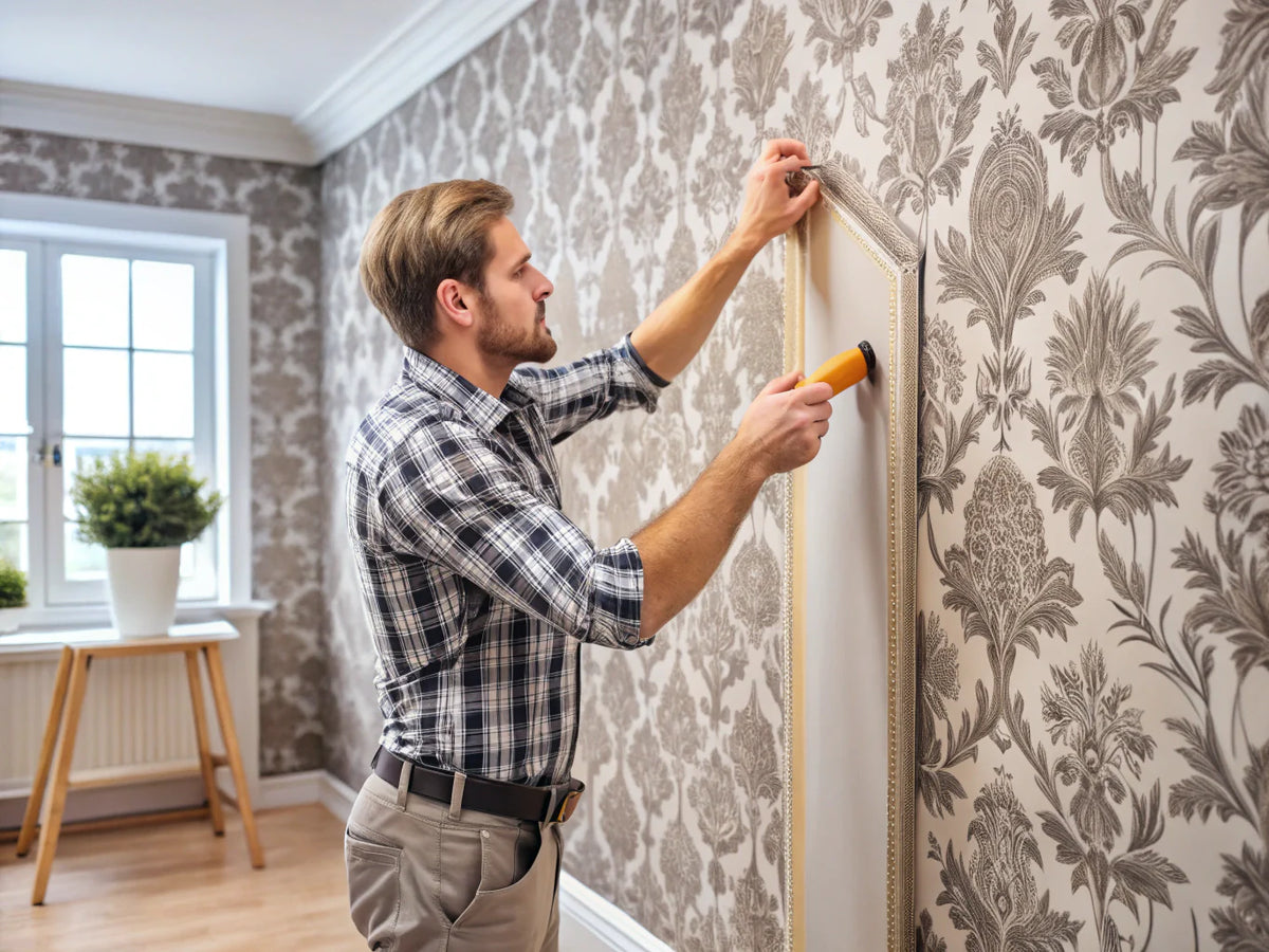 A person installing wallpaper in a modern interior, showcasing tools and the wallpaper installation process.
