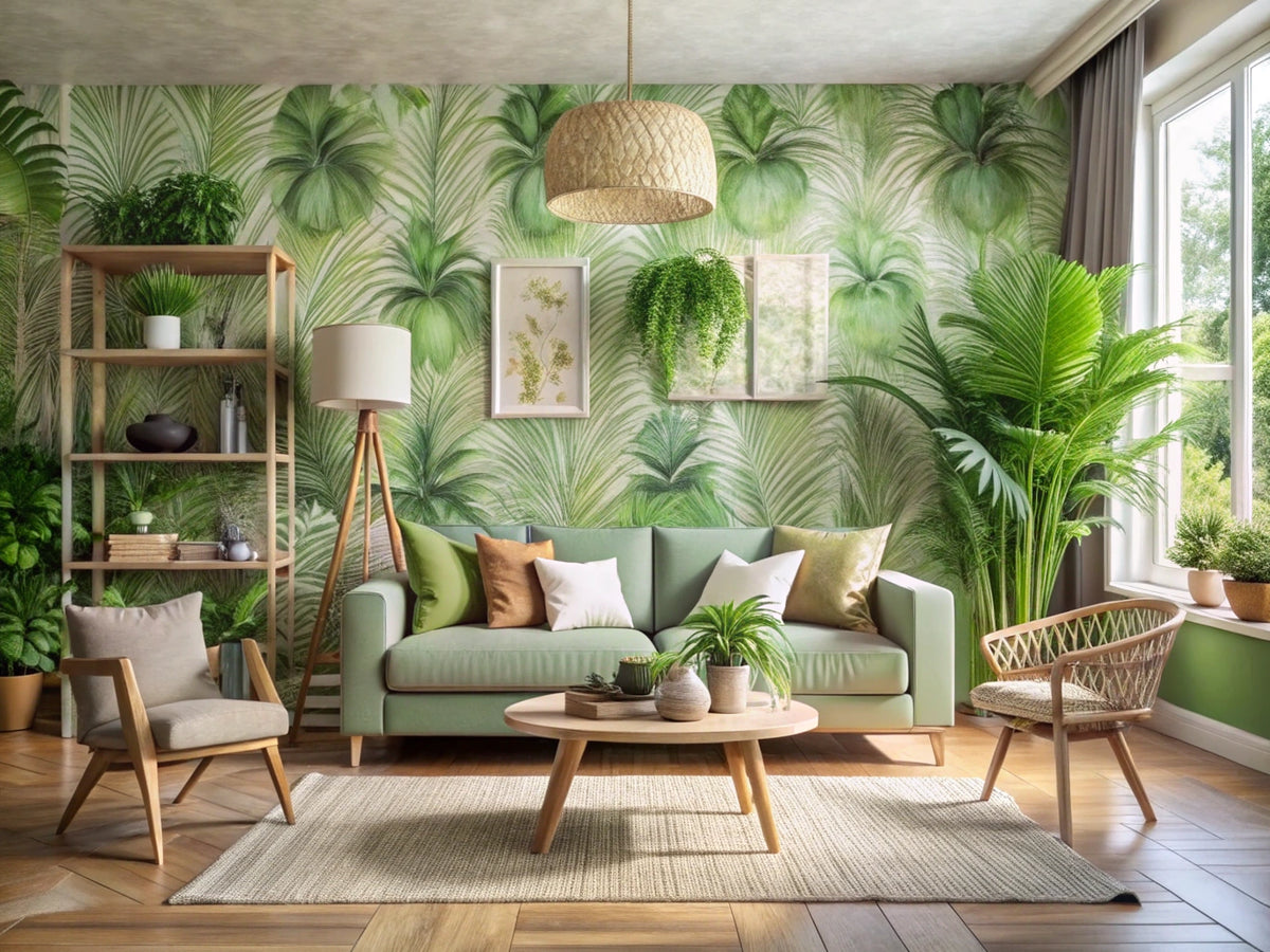 A serene interior showcasing eco-friendly wallpapers with green patterns, emphasizing sustainability and environmental friendliness.