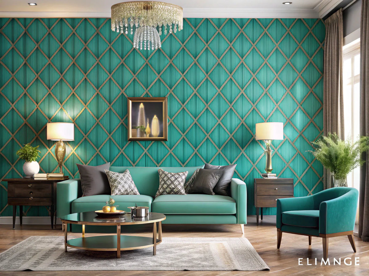 A modern living room showcasing Teal Diamond Elegance and Art Deco Mirage wallpaper styles, highlighting vibrant geometric patterns and timeless motifs.