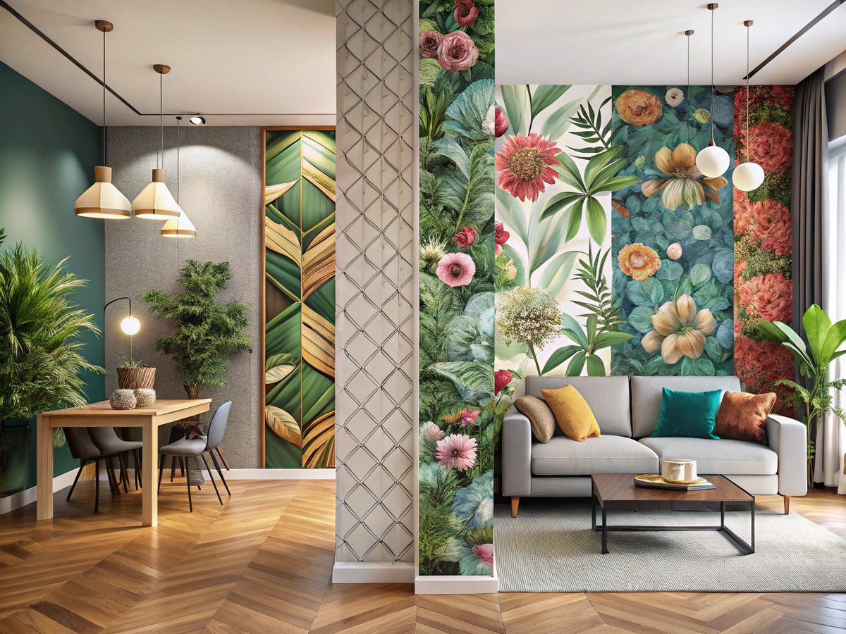 A stylish interior showcasing floral wallpaper contrasting with modern geometric wallpaper, highlighting the charm of both styles in home decor.
