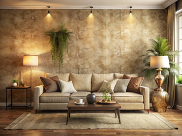 Cozy living room showcasing warm-toned textured wallpaper with faux finish and soft lighting emphasizing depth and texture.