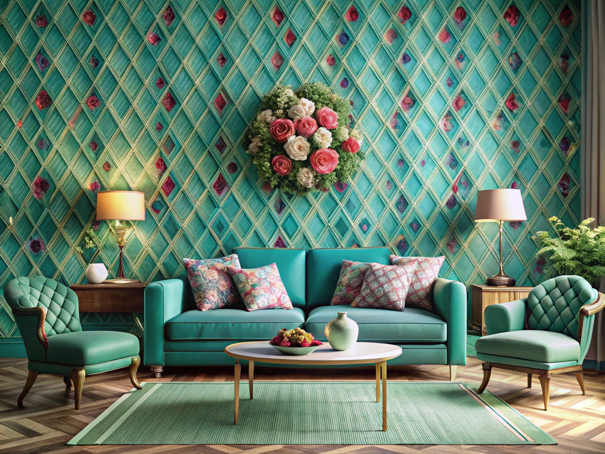 A stylish living room showcasing teal diamond patterned wallpaper and floral motifs, blending geometric sophistication with intricate floral designs in a modern interior setting.
