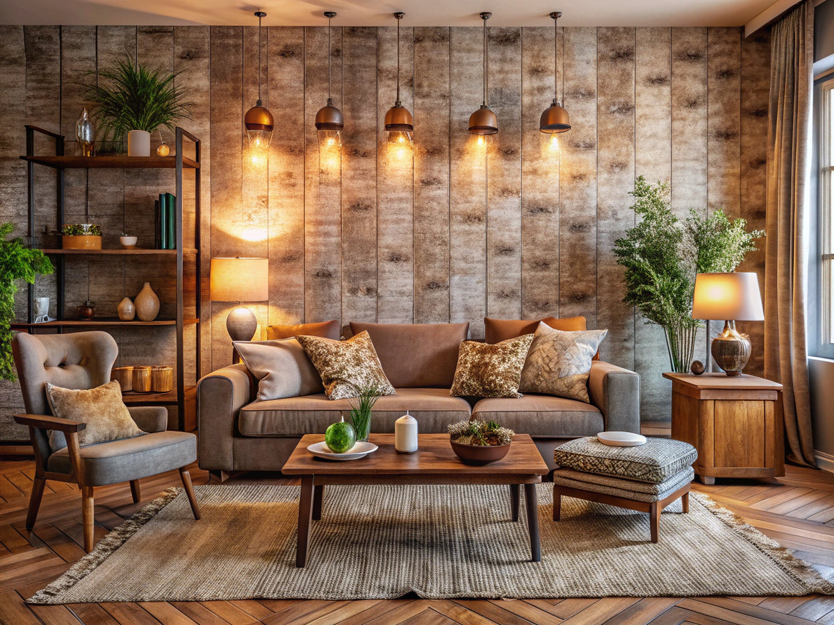 Cozy interior showcasing textured wallpaper that creates a warm and inviting atmosphere with rustic charm.