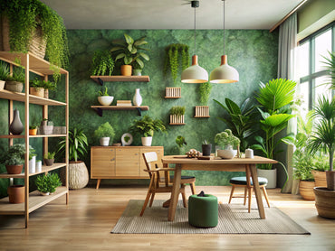 Eco-friendly green wallpaper in a sustainable home decor setting, featuring natural light and plants.