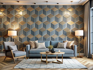 Modern geometric wallpaper in a stylish and elegant room interior showcasing geometric patterns and designs.