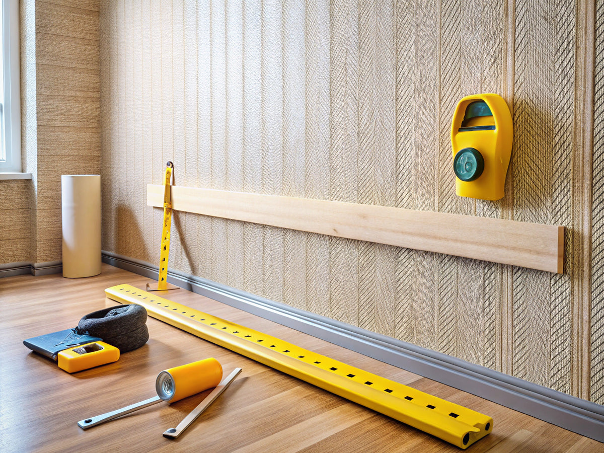 Wall preparation tools and smooth surfaces ready for wallpaper installation, emphasizing the importance of a well-prepared wall for perfect wallpaper adhesion.