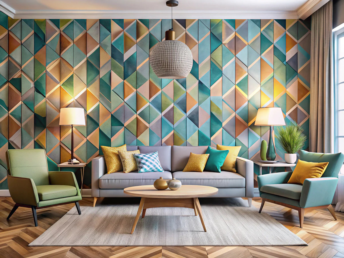 Modern living room with geometric wallpaper patterns, showcasing contemporary design and vibrant colors.