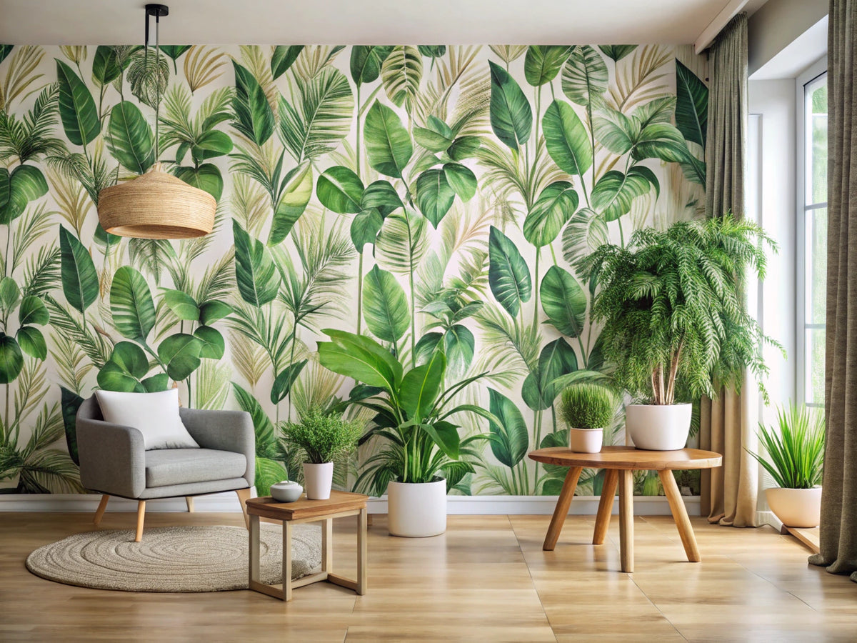 Eco-friendly wallpaper rolls with green leaf motifs surrounded by potted plants in a modern room to highlight sustainability.