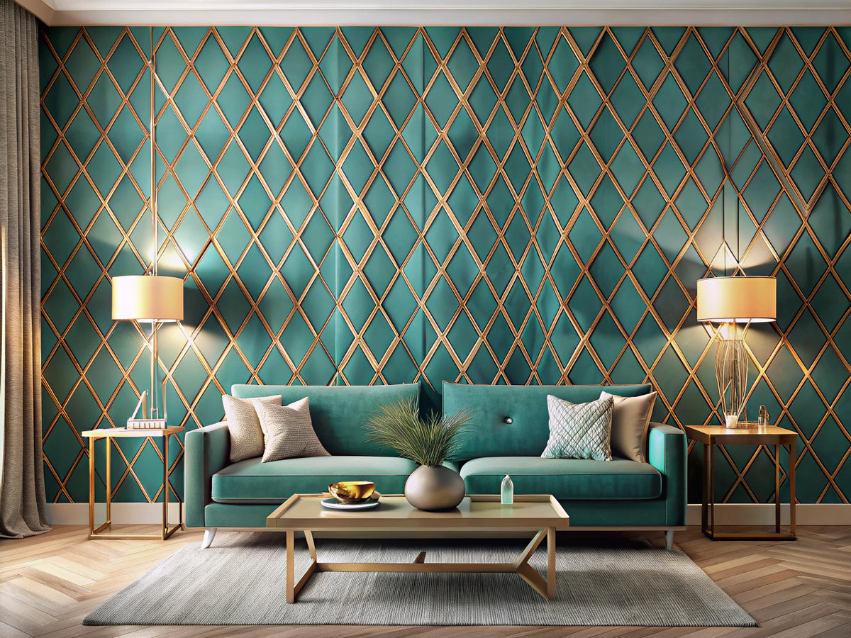 Modern living room with teal diamond and golden geometric maze accent walls, contemporary furniture, and minimalist décor