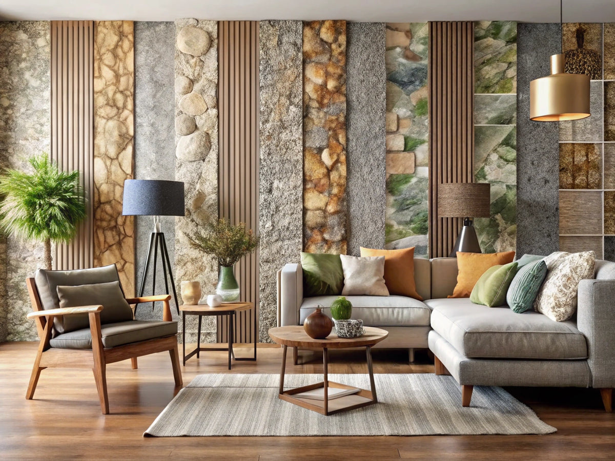 A variety of textured wallpapers displayed in a stylish interior, showcasing different textures like fabric, stone, and natural elements.