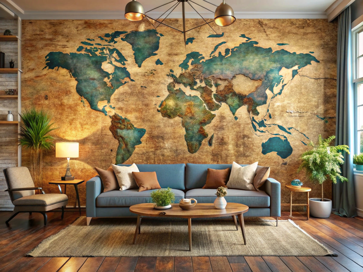 Thematic world map wallpaper in a modern living space, reflecting travel and eco-friendly design trends for 2025.