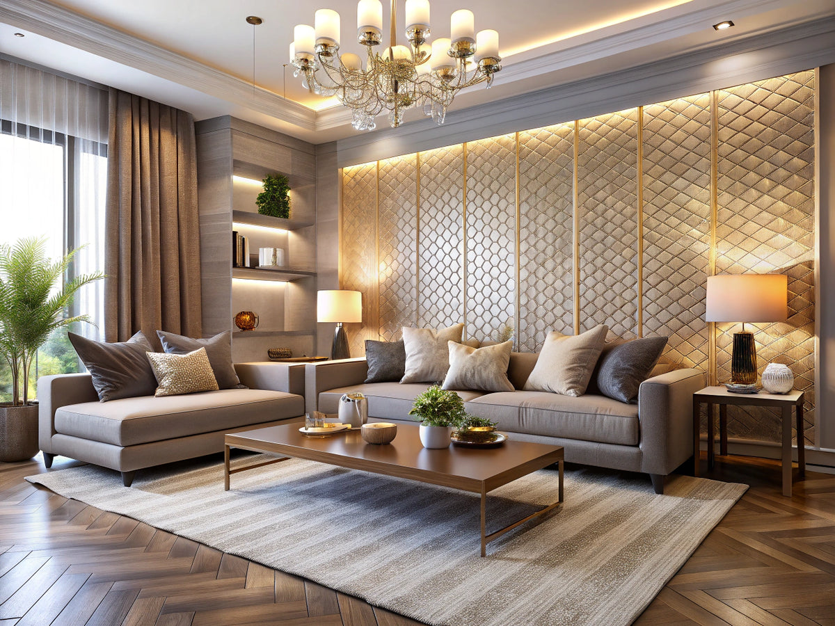 Modern living room with textured wallpaper enhancing the ambiance, featuring stylish decor and warm lighting.
