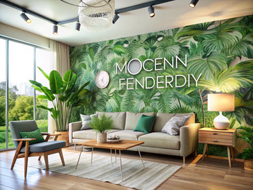 A modern home interior showcasing eco-friendly wallpaper with vibrant designs, emphasizing a stylish and sustainable atmosphere with natural light and plants.
