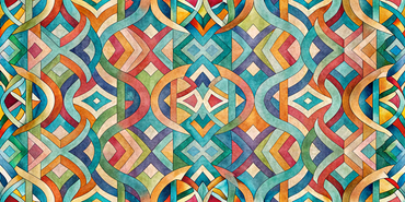 Vibrant Kaleidoscope wallpaper featuring an intricate geometric pattern in rich hues of teal, coral, and mustard, perfect for modern interiors.
