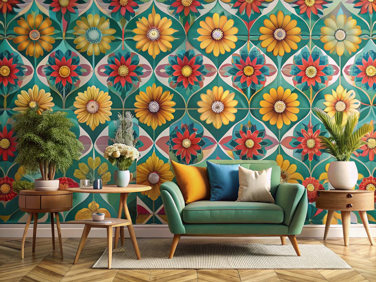 A vibrant feature image showcasing geometric and floral wallpaper designs, reflecting retro interior styles.
