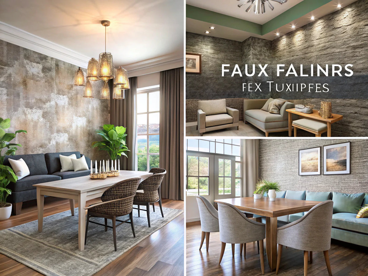 A stylish interior showcasing various textured and faux finish wallpapers, highlighting depth and aesthetic appeal in a living space.
