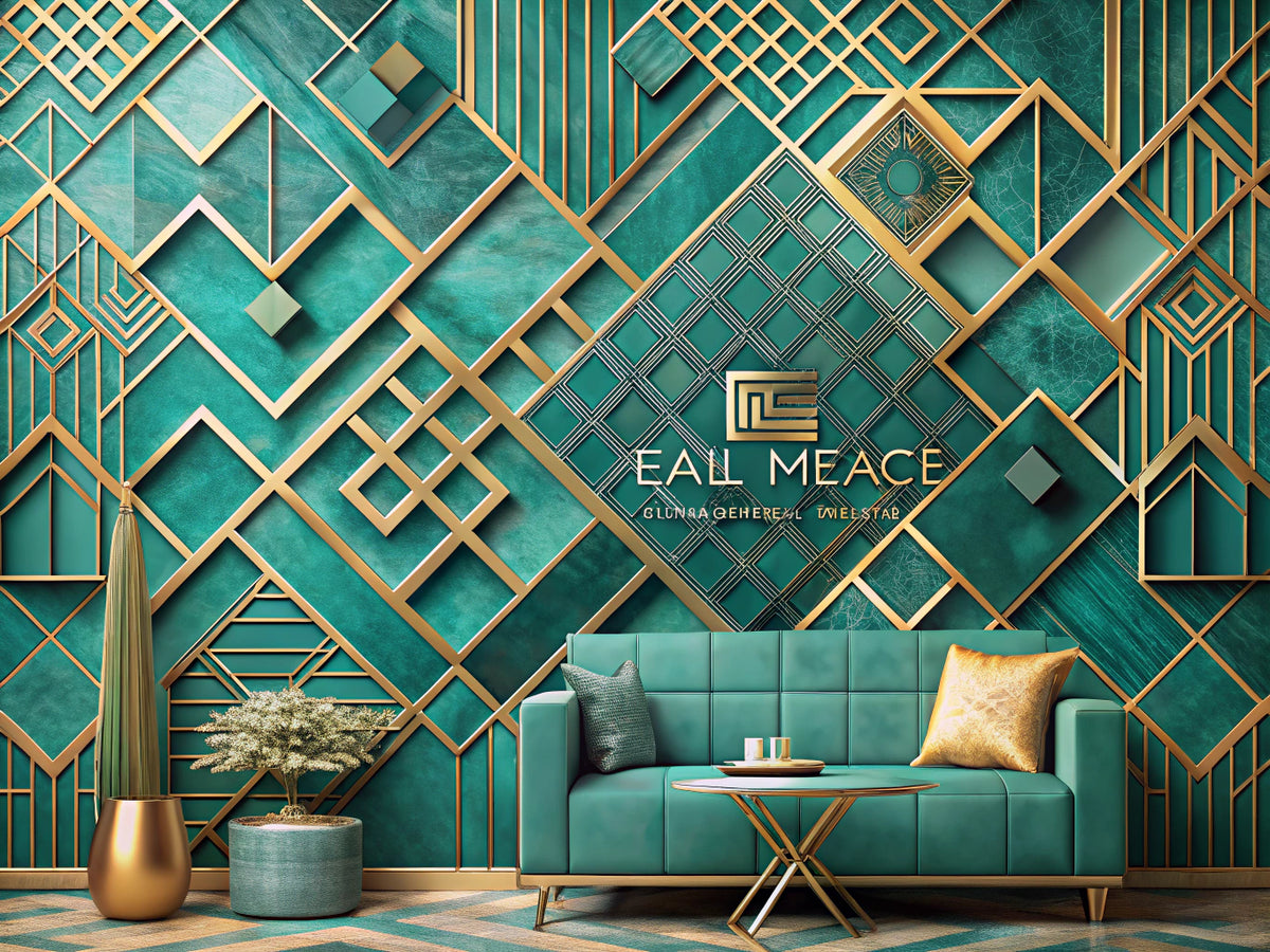 Feature image showcasing geometric wallpaper designs for modern interiors, blending teal and gold elements from Teal Diamond Elegance and Golden Geometric Maze.