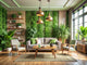 Stylish living room with green eco-friendly wallpaper, indoor plants, and sustainable wooden furniture focused on sustainable design.