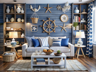 A modern interior showcasing nautical themes with coastal decor, navy blue and white color schemes, and nautical wallpapers, creating a charming seaside ambiance.