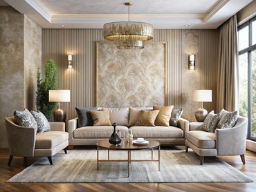 Sophisticated living room with luxury textured wallpaper accent wall showcasing tactile depth and elegant décor.