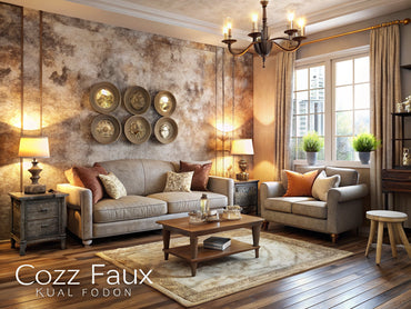 Cozy interior room with textured and faux finish wallpapers, featuring warm lighting and inviting decor.