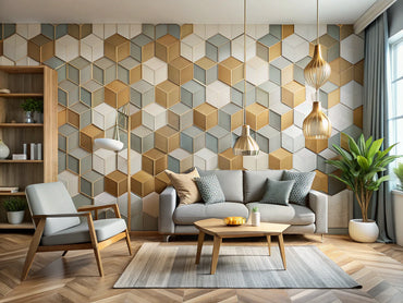 Modern room interior with geometric wallpaper designs featuring hexagons, triangles, and abstract shapes.