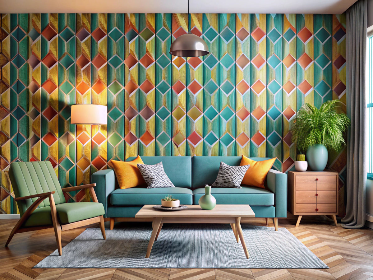 Modern living room with bold geometric wallpaper patterns and minimalist furnishings