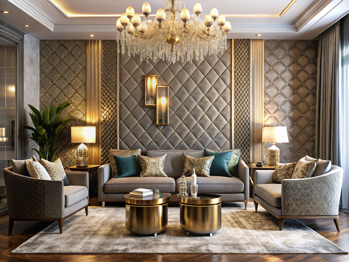 Opulent living room with metallic and personalized wallpaper accent wall, velvet furniture, and gold accents showcasing luxury interior design trends
