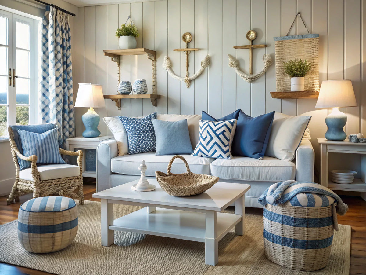 A serene coastal home interior showcasing nautical elements like anchors and wave patterns in soothing blues, embodying tranquility and elegance.