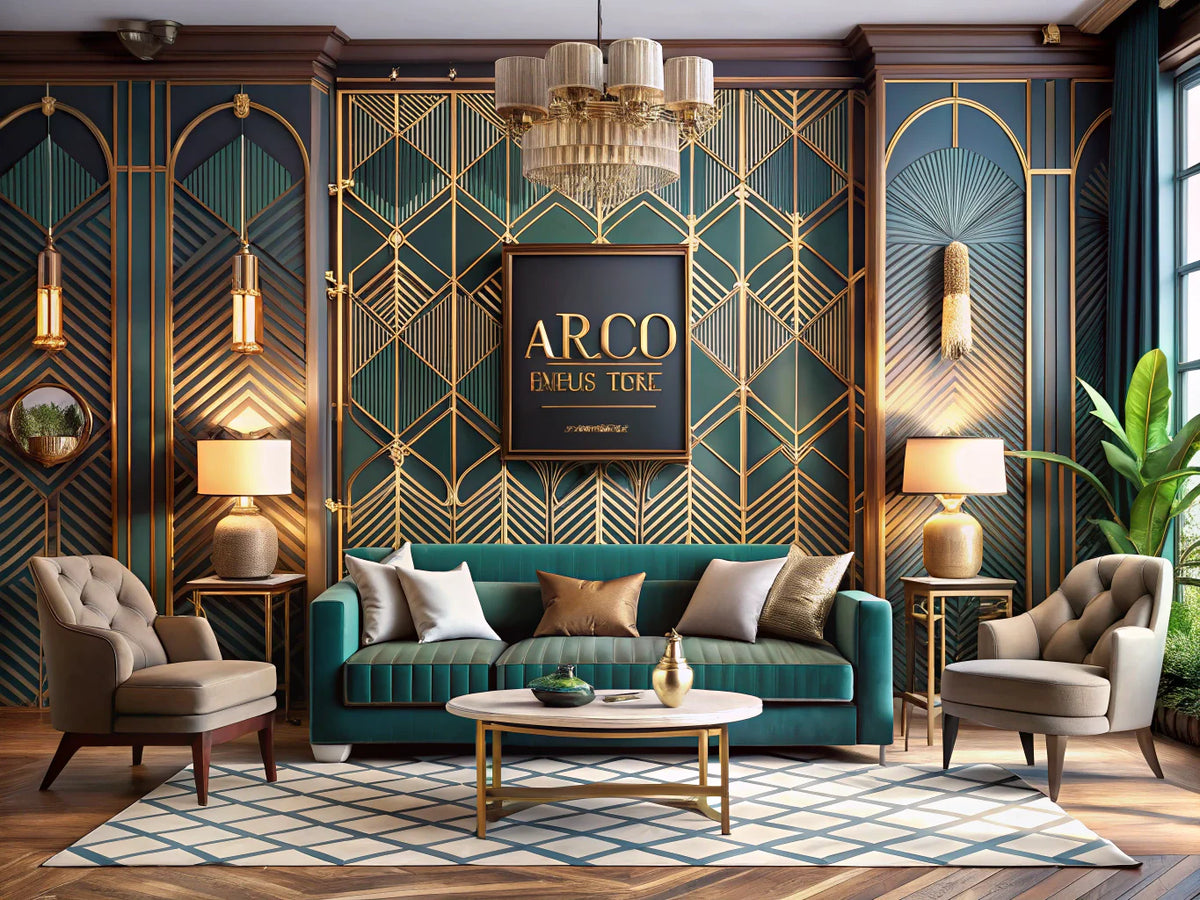 A luxurious living room featuring Art Deco wallpaper with bold geometric patterns and rich jewel tones, showcasing a sophisticated interior design.