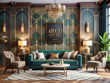 A luxurious living room featuring Art Deco wallpaper with bold geometric patterns and rich jewel tones, showcasing a sophisticated interior design.