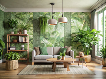 A stylish interior showcasing sustainable green wallpaper, emphasizing eco-friendly design with natural light and plants for an environmentally friendly atmosphere.