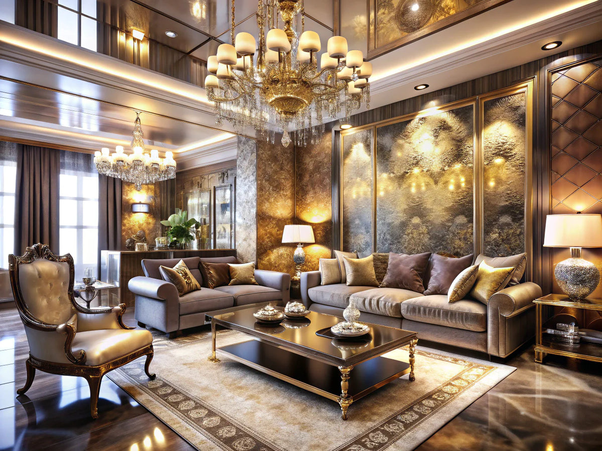 Luxurious living room with metallic wallpaper finishes showcasing opulence and glamour in interior design.